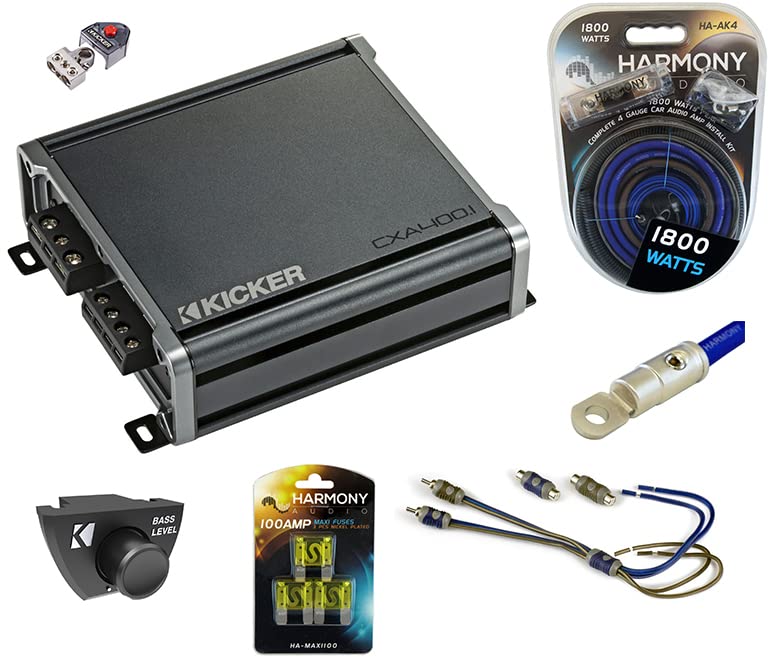 KICKER 46CXA4001 Car Audio Class D Mono 800W Peak Sub Amp, 46CXARC Car CXA CX PXA Amp Bass Remote Control Knob and HA-AK4 Car Stereo Complete 4 Gauge 1800W Amp Install Kit