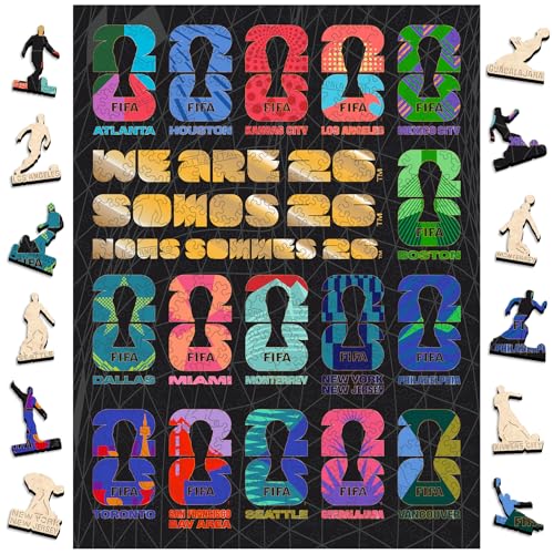 Image of FIFA World Cup 2026 Wooden Jigsaw-Puzzle,Gift for Soccer Fan-Host Cities | Official Licensed,5MM Thick Soccer puzzles,Long-Lasting Display sports memorabilia collector,300 Pieces Irregular Shape