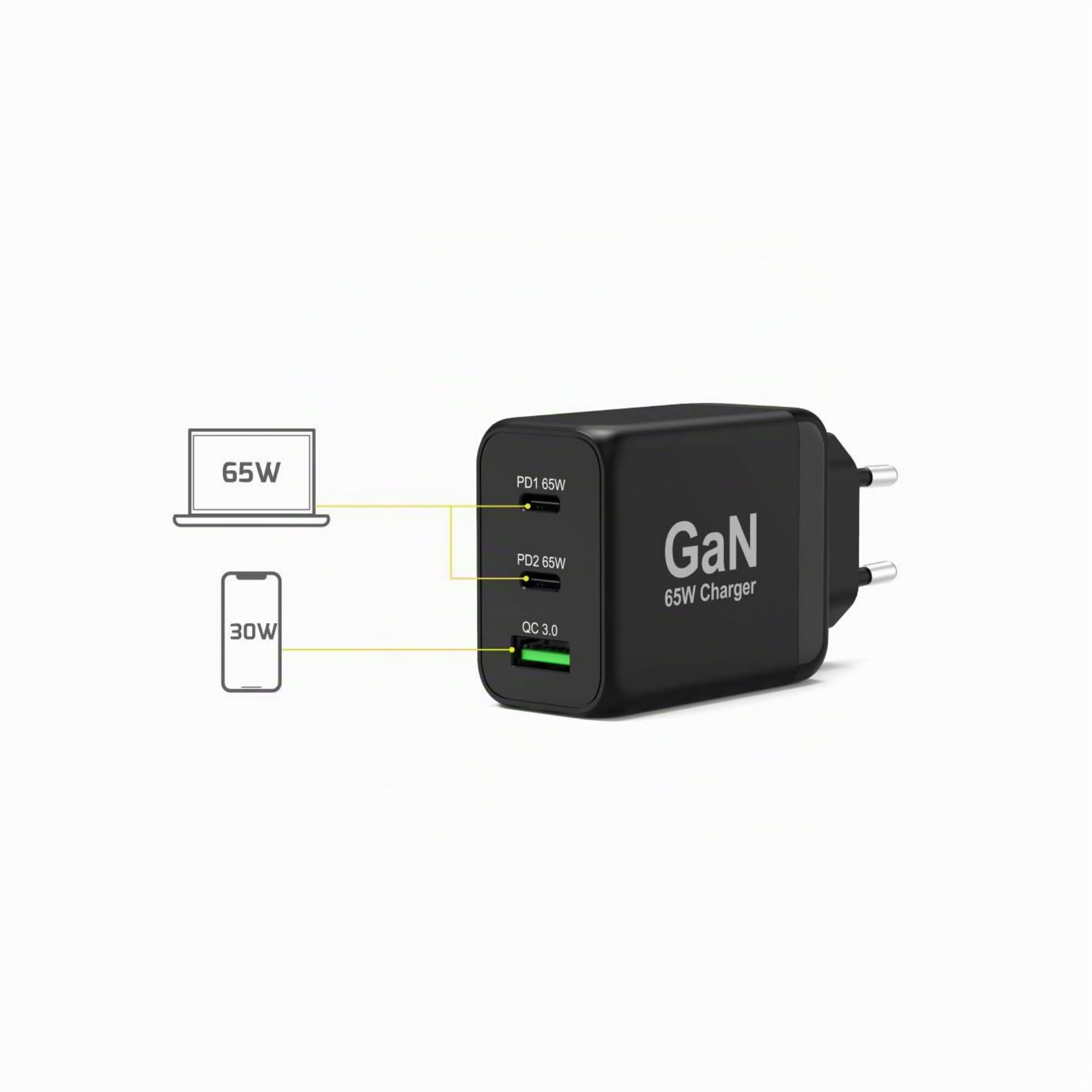 Port Connect Chargeur Mural gan USB-c Power Delivery™ & USB-a Quick Charge 65w avec câble Type c 2 mètres Noir Prise EU