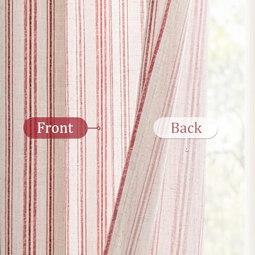 Image of MYSKY HOME Red Striped Patterned Curtains 96 Inches Long for Girls Bedroom Living Room Ticking Stripe Pinstripe Patterned Farmhouse Light Filtering Linen Blend Drapes, Grommet, 2 Panels, 52 inch Wide
