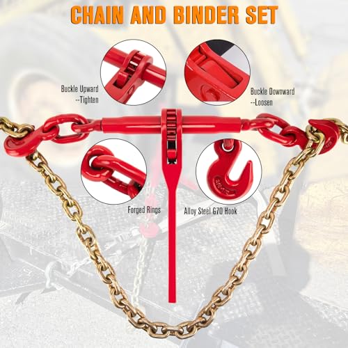 Image of Chain Binders, Transport Chain, Tie Down Chain and Binder 3 /8''-1 /2'', 10Ft Chains with G70 Hooks, Ratchet Load Binders 9215Lbs Working Strength, Towing Chain for Flatbed Trailer Truck