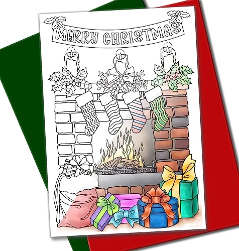 Art Eclect Christmas Coloring Cards for Adults, 10 Unique Cards, 5 Red and 5 Green Envelopes Included (Christmas F1/10)