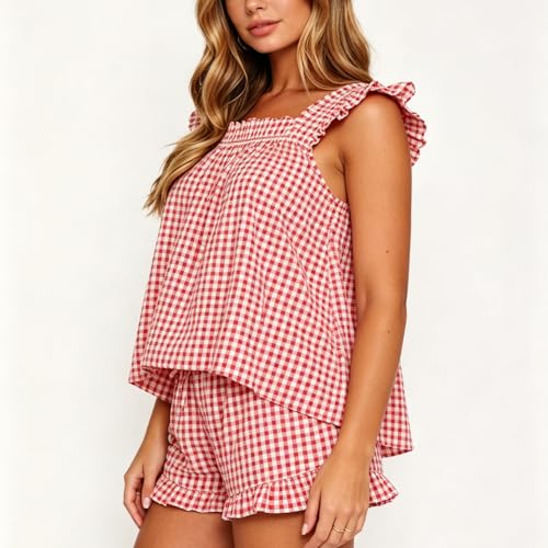 Image of SOOKABEILA Women 2 Piece Lounge Set Sleeveless Striped Cami Peplum Top Boxer Shorts Loose Ruffle Matching Pj Sets Outfits