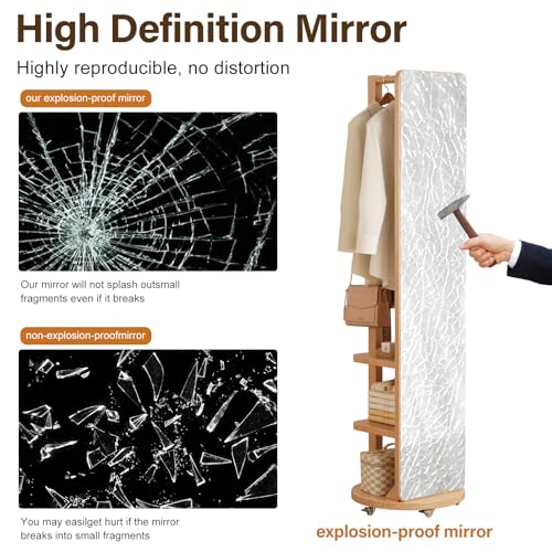 Image of WoodsWhisper Full Length Mirror Coat Rack Solid Wood Floor Mirror 66 inchx12 inch Full Length Mirror with Stand Long Mirrors for Bedroom,Living Room (Natural-Mobile, 66 inch Lx12 W)