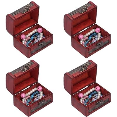 Jwthee Retro Wooden Trinket Box, 4 PCS Small Jewelry Storage Box Wooden Keepsake Mini Treasure Chest Box with Lid and Lock Antique Jewelry Storage Box Decorative Storage Organizer