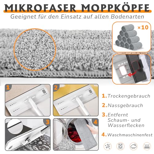Midyb Wischmopp Set mit Eimer - Bodenwischer Set mit 10 Mikrofaser Mop Pads und 140cm Edelstahlgriff...