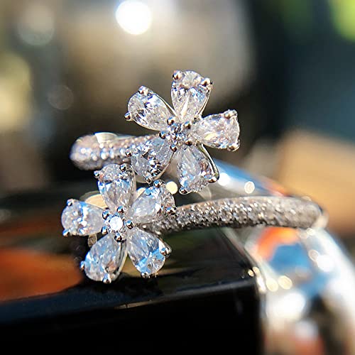 Emsione Double Flowers White Zircon Open Fashion Ring Adjustable Eternity Ring Luxury Jewelry Wedding Engagement Party Decor for Bride Women Men