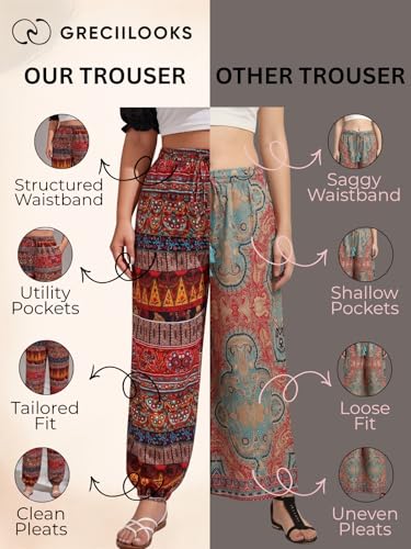 Image of GRECIILOOKS Trouser For Woman | Sharara For Women |Women's Boho Harem Pants | Printed Palazzo Pant For Womans Loose Fit Baggy Trousers with Elastic Waistband | Casual Yoga & Lounge Wear (Available in Plus Size)