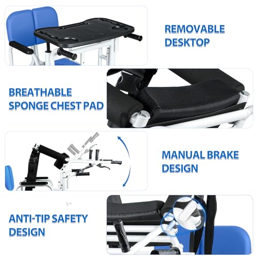 Jinrrenyi 6 in 1 Patient Lift Transfer Chair for Elderly and Home, Portable Adjustable Height Footrest Hydraulic Lift Nursing Wheelchair 180° Split PU Leather and Thickened Sponge Seat, 440lbs, Blue - Thumbnail 5