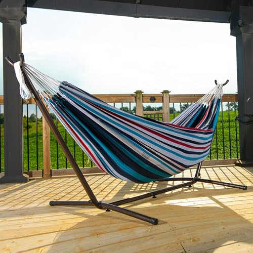 Image of Vivere Double Cotton Hammock with Space Saving Steel Stand, Upgraded Polyester End Strings 450 lb Capacity - Premium Carry Bag Included - USA Grown Cotton (Denim)