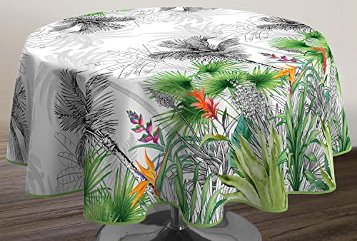 Le Linge de Jules Nappe Anti-Taches Fleur de Paradis - Ronde 160 cm, Noir, Vert, Rose, Orange, Blanc