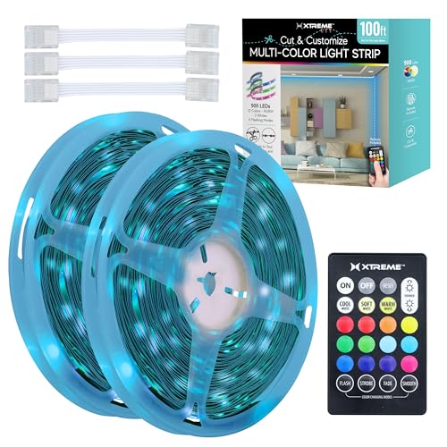 Image of Xtreme Multicolored LED Strip Lights with Remote, 100 Foot RGBW Lights Strip with Adhesive Backing, Cut & Reconnect, Dimmable, 15 Colors, 900 LED Lights, 4 Modes Including Strobe, Flash, Fade & Smooth