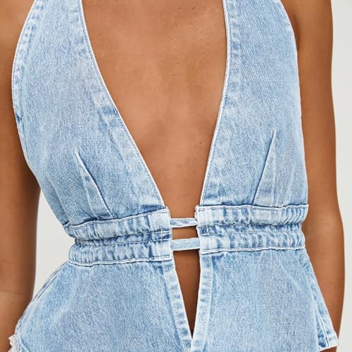 Luckinbaby Sexy Backless Denim Vest for Women Deep V Neck Sleeveless Tie Up Jean Vest Halter Open Back Tank Top4