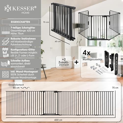 KESSER® Kaminschutzgitter mit Tür 420 cm Metall Ofenschutzgitter Laufgitter Laufstall Absperrgitter Tierschutzgitter Türschutzgitter für Kinder-Sicherung, 7-teilig Elemente (je 60 x 75 cm) Schwarz