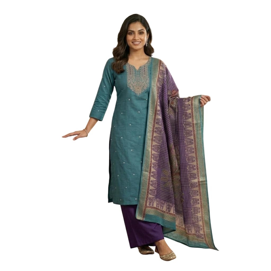 Women's Embroidered Kurta Pant with Woven Dupatta Set Crafted from Soft Cotton Blend Fabric, offering Elegant Style and All-Day Comfort for Festive and Everyday wear Blue-image-39
