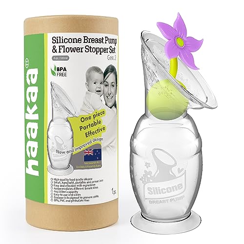 Image of haakaa Manual Breast Pump Hand Pump Milk Pump Breast Milk Collector with Suction Base and Flower Stopper 100% Food Grade Silicone BPA Free (4oz/100ml) (Purple)