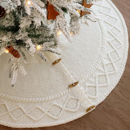 LimBridge-Knitted-Christmas-Tree-Skirt-48-Inches-Cream-White-Tree-Skirt-Diamond-Edge-Cable-Knit-Thick-Rustic-Christmas-Tree-Decorations-Christmas-Decor-Xmas-Holiday-Home-Party-Decorations LimBridge Knitted Christmas Tree Skirt 48 Inches Cream White Tree Skirt Diamond Edge Cable Knit Thick Rustic Christmas Tree Decorations Christmas Decor Xmas Holiday Home Party Decorations