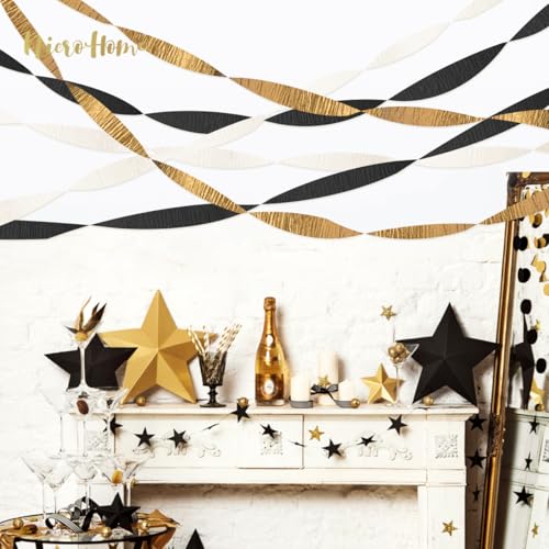 Image of NICROHOME EUR Black Gold Party Decorations, 6 Rolls Crepe Paper Party Streamers for Graduation, Wedding, Birthday, Black and Gold New Years Eve Party Decoration, 82Ft Long