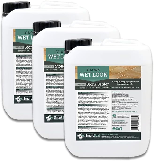 SmartSeal's Natural Stone Sealer - 'Wet Look' Finish for Sandstone, Limestone & Slate - Professional Grade, Easy To Apply Patio Sealer (3 x 5L)
