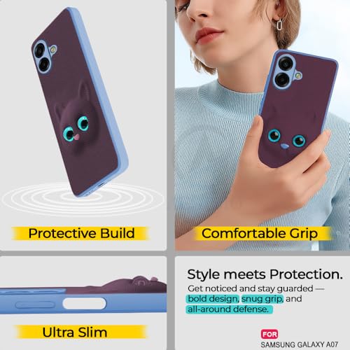 Image of AESTMO Back Case Cover for Samsung Galaxy A07 / M07 / F07 / F70E Back Cover | 3D Cat Cover | Leather Finish | Full Body Protection | Camera Protection Back Cover (Purple)