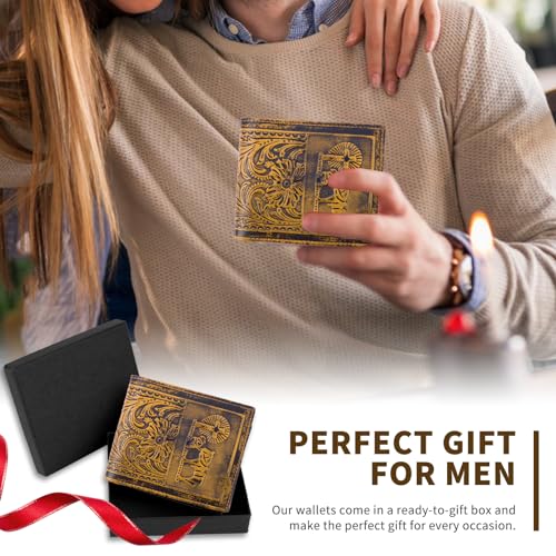 Image of Mens Rodeo Short Wallet Western RFID-Blocking Bifold Leather Wallet with ID Window - Full Grain Leather Wallets Unique Gift for Men, 02--Brown
