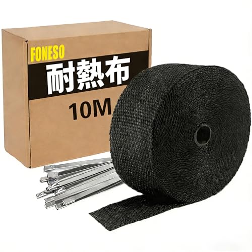 Foneso ヒートシールド, ブラック, 10m, エキゾースト用, ステンレス製ケーブルタイ10本付き, オートバイ・エキマニホールド対応