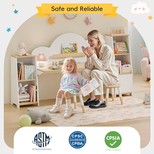 Xilingol Kids Study Desk with Bookshelves and 2 Stools, Kids Desk and Chair Set with 5 Storage Cabinets, Wooden Children Writing Table, Student Study Table for Ages 3-8, Bedroom, Boys, Girls - Image 5