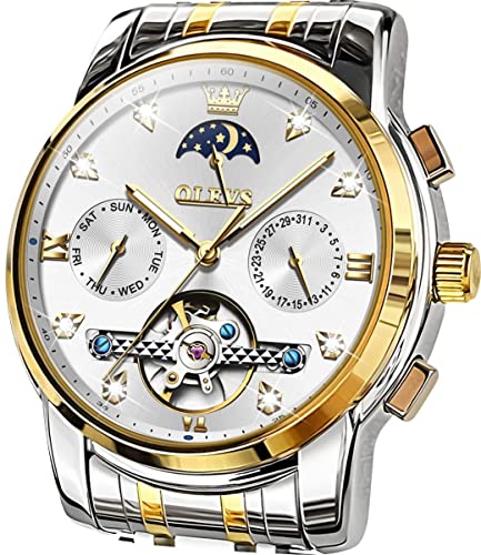 OLEVS Mens Automatic Watches Skeleton Tourbillon Self Winding Diamond Luxury Dress White Wrist Watch Stainless Steel Waterproof Luminous Moon Phase Day Date