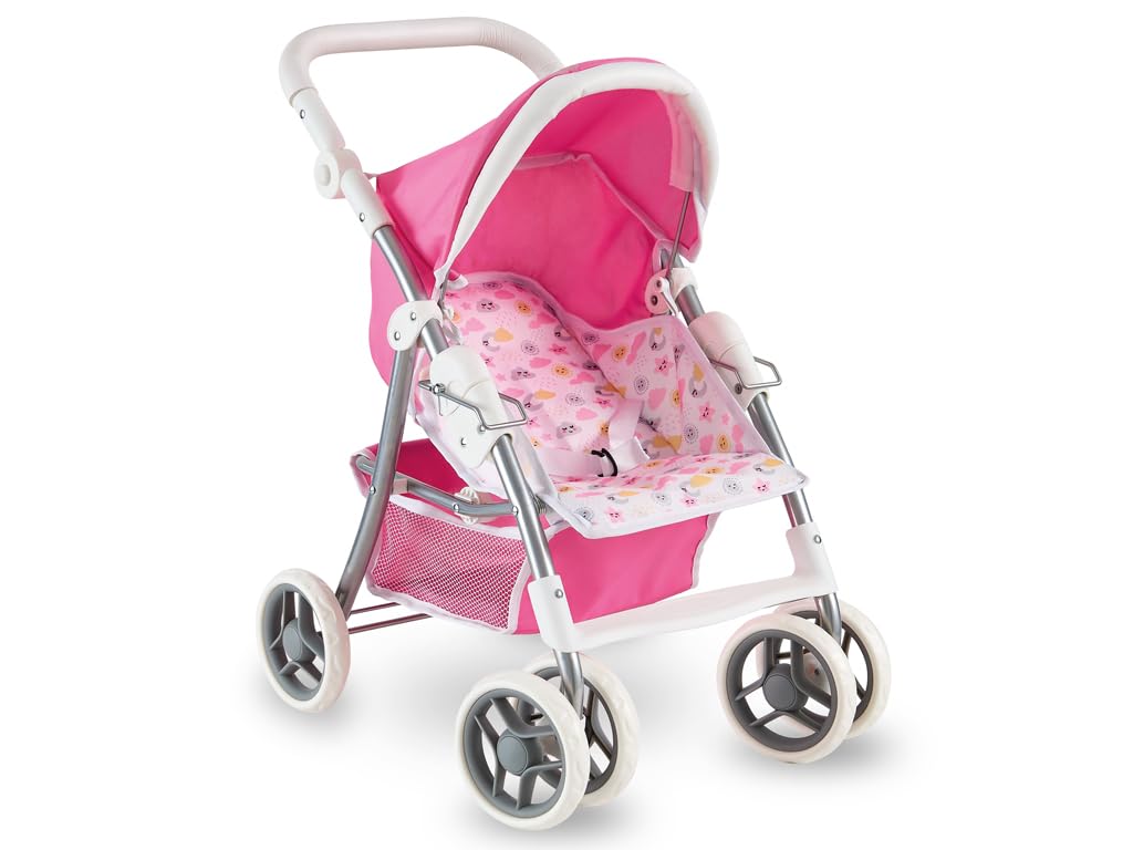 Teorema Giocattoli Leichter und Faltbarer Puppenwagen, Puppenwagen mit verstellbarem Verdeck, Aufbewahrungskorb, Metallrahmen, Kinderwagen Spielzeug für Mädchen, wendbar, Rosa