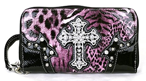 Western Cross Leopard Handbag Rhinestone Pocket Purse With Matching Wallet (PURPLE)4