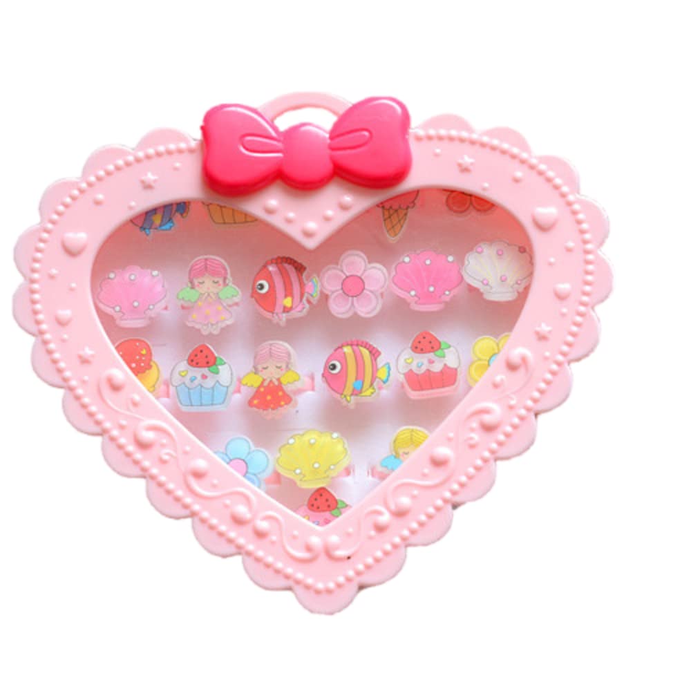 FEIFEI'S BOW 20Pcs Adjustable Princess pink Jewelry Girl Kids elsa Cartoon Plastic Rings Gift Set with Heart Shape Box (Sea 20PCS)