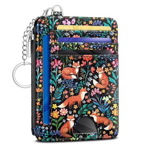 Image of Kelvoris Cute Fox Flowers Credit Card Holder Small Wallet Women, Slim RFID | Keychain, Zipper Coin Pocket, Front Pocket Thin Travel Card Case, Minimalist, 6 Card Slots, 1 ID Window, Ladies Gifts Woman