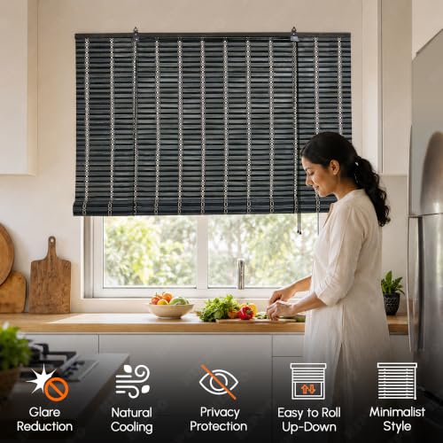 Image of HIPPO Bamboo Curtains - W-3FTXH-7FT Rope Mechanism Roll Up Down Indoor Bamboo Shade for Sun & Dust Protection for Home Window, Balcony, Restaurant, Hotel, Resort (Charcoal-Grey)