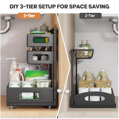 Image of 2 Pack Under Sink Organizer,Pull Out Cabinet Organizer with Smooth Cylindrical Rail,Metal Slide Out Drawer for Kitchen Bathroom Laundry Cabinet,8-Level Tool Free Height Adjustable-Black