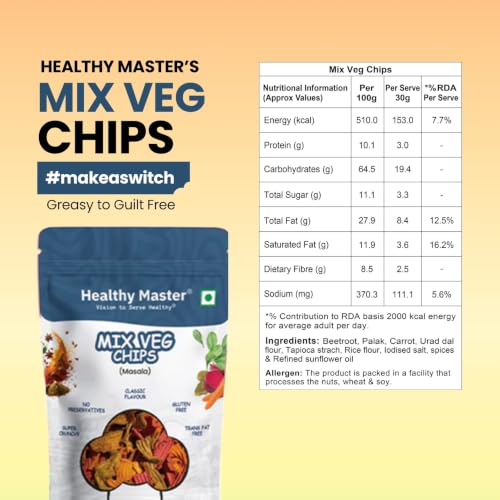 Image of Healthy Master Mix Vegetable Chips Combo 300g (100g Each) Pack of 3 | Light & Crispy | High Protein Chips | Gluten-Free | No Maida, No Palm Oil | Low-Calorie | Healthy Snacks for Adults & Kids