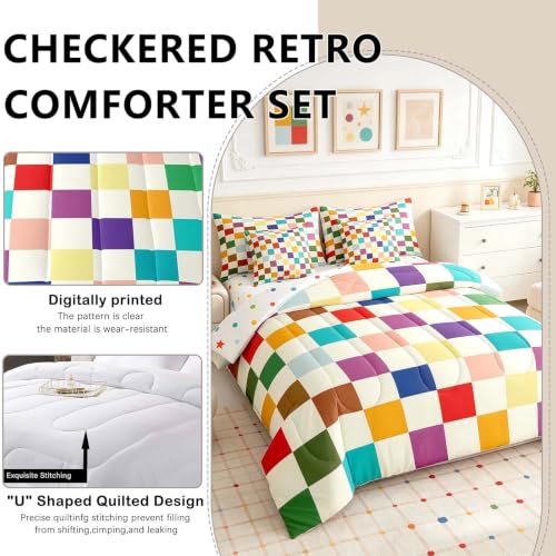Image of Feelyou Colorful Checkered Retro 7 Piece Bedding Set Kids Boys Girls Modern Geometric Cute Comforter Set with Sheets Full Size Beige Colorful Bed in a Bag Vintage Simple Groovy Aesthetic Room Decor