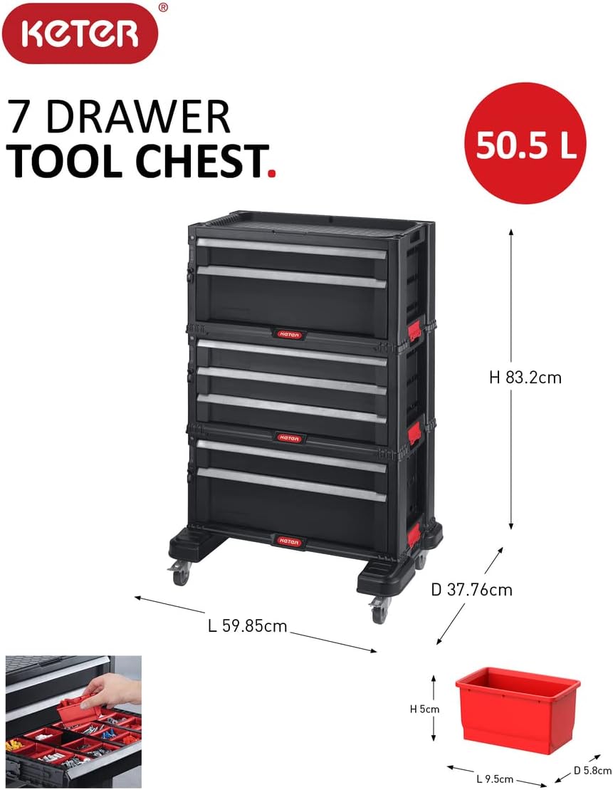 Keter Servante Module 7-Drawer Tool Chest with dimensions and modular components highlighted.