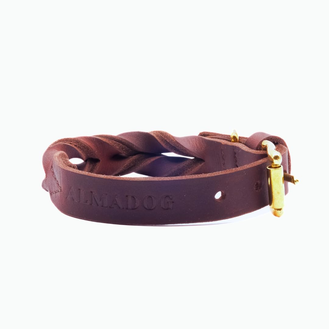 ALMADOG Hundehalsband Abby – Weiches Fettleder, Geflochten, Made In Germany, Kastanienbraun XS (27–33 Cm)