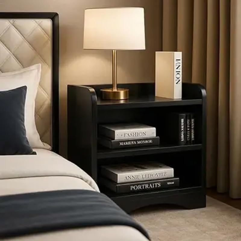 Engineered Wood Bedside Table with Open Storage Shelves | Modern Nightstand for Bedroom | End Table for Living Room | Side Table for Home & Office | Black | 16 x 10 x 21 Inches-image-4