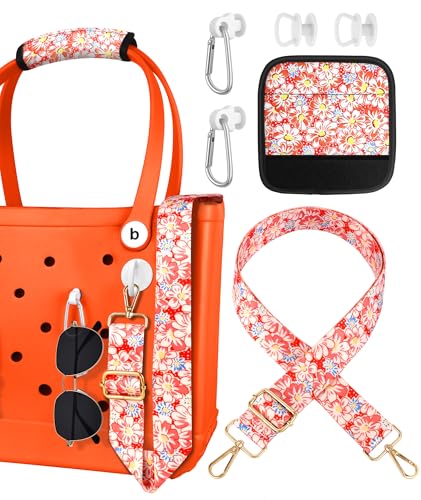 Image of Bag Strap Crossbody Charms for Bogg Bag Accessories - Shoulder Strap Neoprene Luggage Handle Wrap for Suitcase & 2 Key Holders Orange Daisy