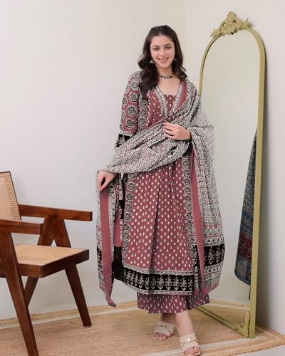 Image of ANNI Designer Women's Pure Cotton Anarkali Kurta Set for Women with Dupatta & Plazzo - Hand Block Print Suit Set | Stylish Dress | Cotton Kurta Set for Women