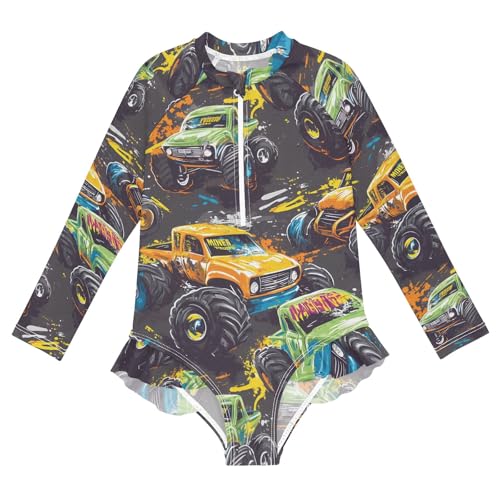 ALAZA Toddler Swimsuit Girl Bathing Suit Swimwear Rash Guard Cool Truck Long Sleeve 3T