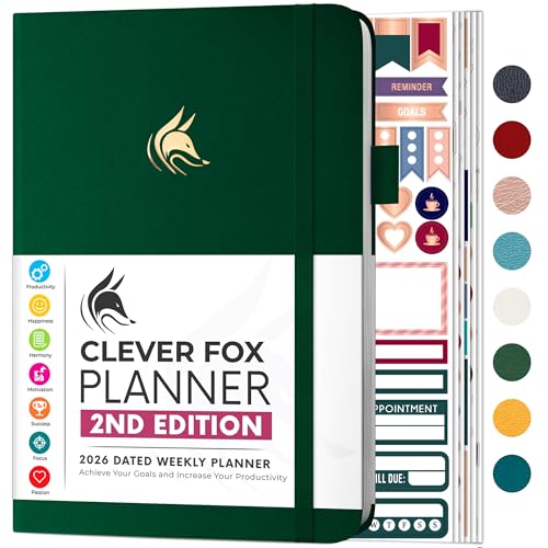 Image of Clever Fox Planner 2nd Edition Dated Jan 2026-Jan 2027 – Colorful Weekly & Monthly Goal Setting Planner, Habit Trackers, Time Management and Productivity Organizer, Gratitude Journal, A5, Forest Green
