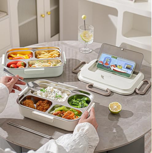 Image of House of Quirk Stainless Steel Lunch Box | 304 Multi-Layer Bento Box with Bag, Compartments & Utensils | Leakproof, Microwave & Dishwasher Safe Food Container (Beige /Brown)