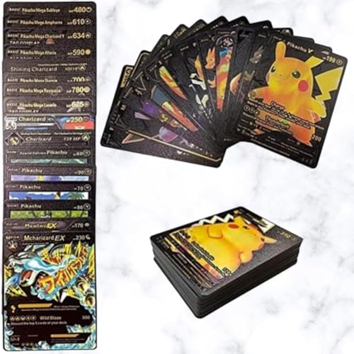 Image of Premium Black Foil Pokemon Card Game Set - 55 Rare Unofficial VMAX GX VSTAR Cards | Shiny Battle Trading Cards For Kids & Collectors | Gift Pack - Black