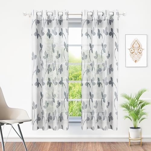 Image of Sheer Window Curtains Home Curtains for Living Room Window Curtains for Home 5 Feet |Leaf| Grey & White |Polyester, Pack of 10