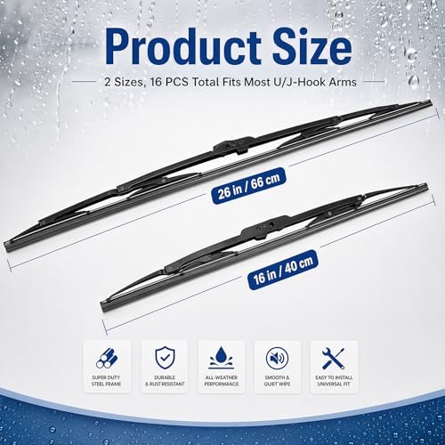 Image of BBTO 16 Pack Wiper Blades Windshield Wipers for Cars U J Hook, 26 18 Inch | Silicone Windshield Wipers, Durable Replacement Blade Set, All Season, Universal Front Fit Passenger Driver Side