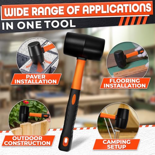 Image of Rubber Mallet Hammer 24 Oz, Soft Face Non-Marring Head (Orange) | Large Mallet with Anti-Vibration Non-Slip Grip; for Flooring, Decking, Fencing, Cabinets, and Furniture Assembly