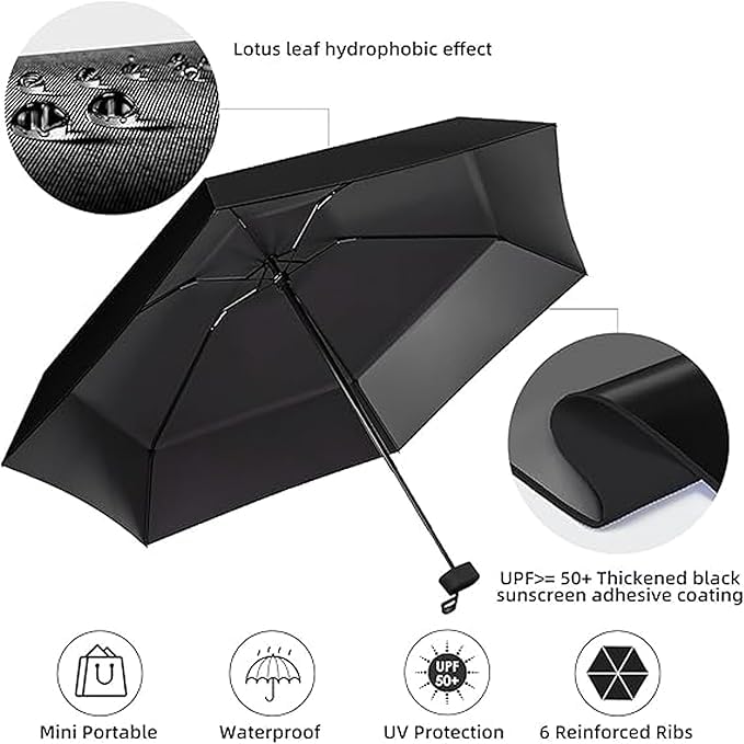 51isxkc20WL TEKCOOL Travel Mini Folding Compact Umbrella with Case, Manual Open 6 Ribs Lightweight Portable, Small Sun & Rain Pocket Umbrella for Girls and Women- Use in Rain & Summer(Black)