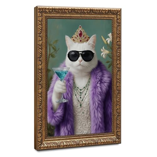 Cadre doré rétro avec poster de chat et reine sur toile